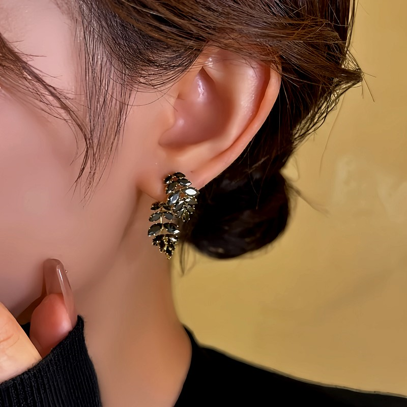 14K Gold-Plated Zircon Black Leaf Earrings