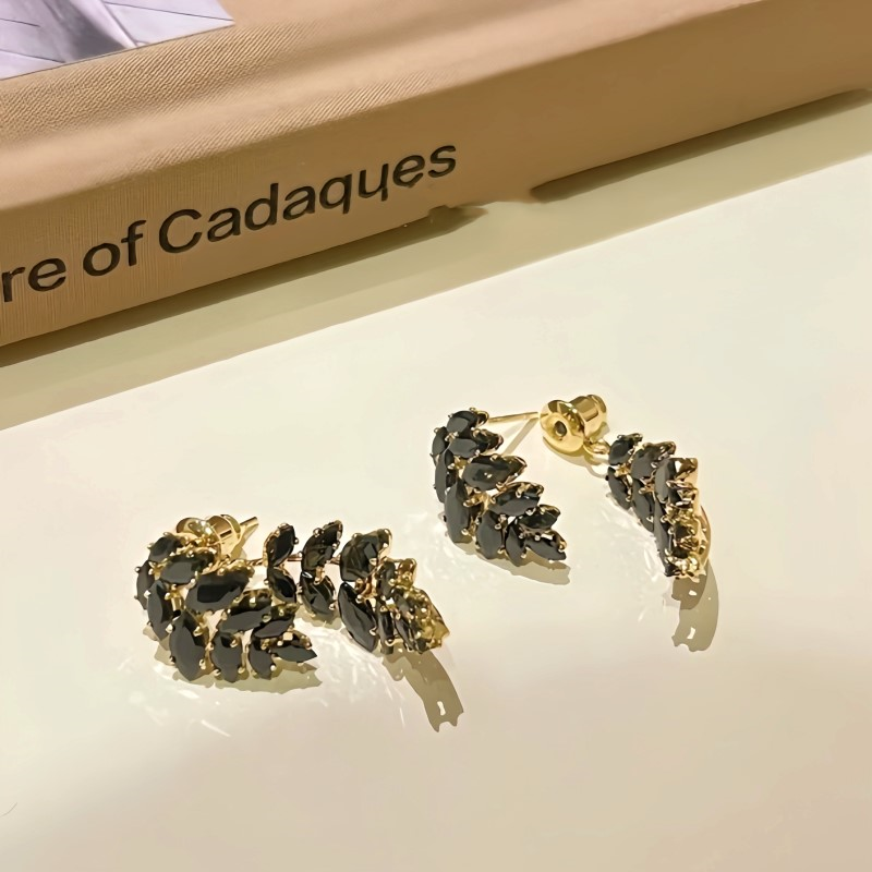 14K Gold-Plated Zircon Black Leaf Earrings