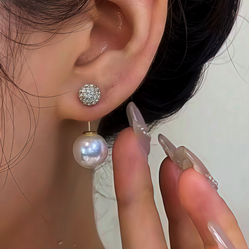 14K Gold-Plated Zircon Bling Ball Pearl Earrings