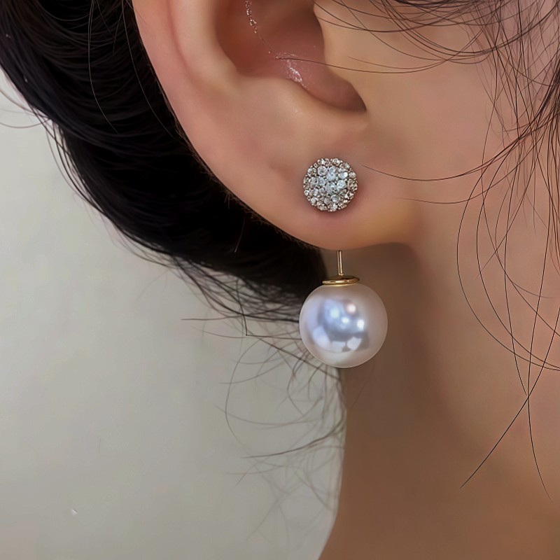 14K Gold-Plated Zircon Bling Ball Pearl Earrings