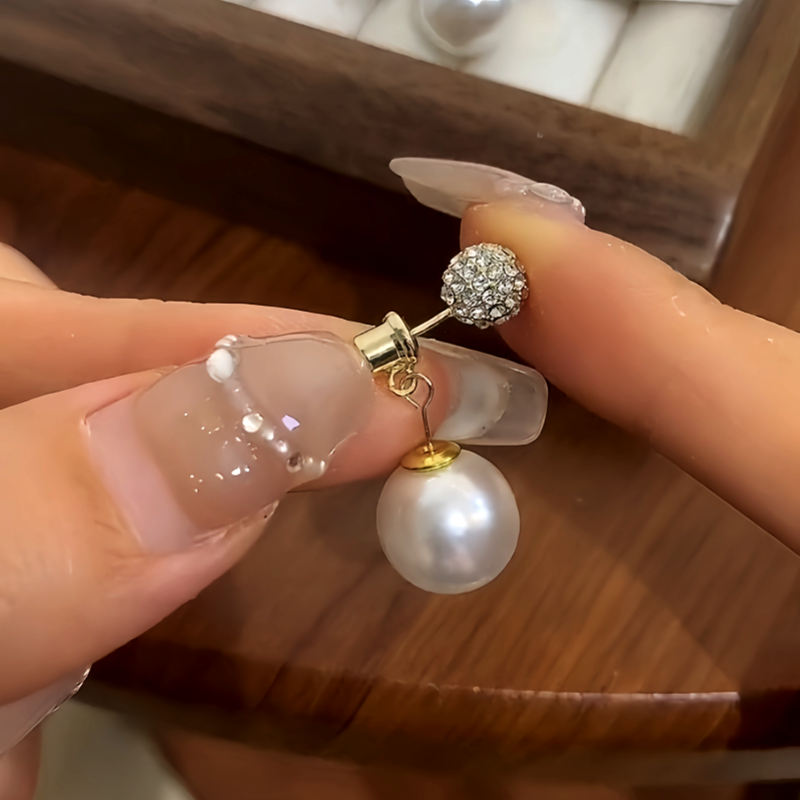 14K Gold-Plated Zircon Bling Ball Pearl Earrings