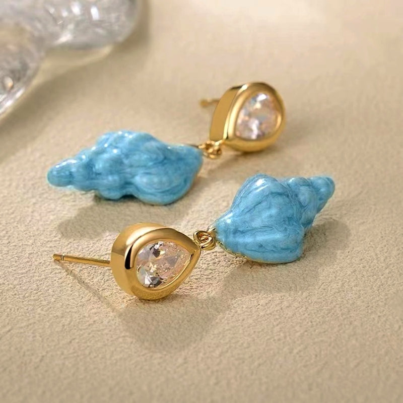 14K Gold-Plated Zircon Blue Ocean Conch Earrings