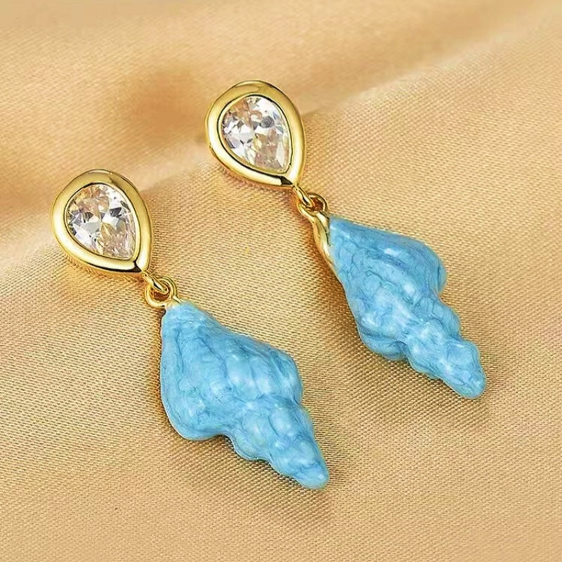 14K Gold-Plated Zircon Blue Ocean Conch Earrings
