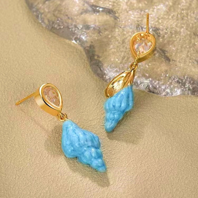 14K Gold-Plated Zircon Blue Ocean Conch Earrings