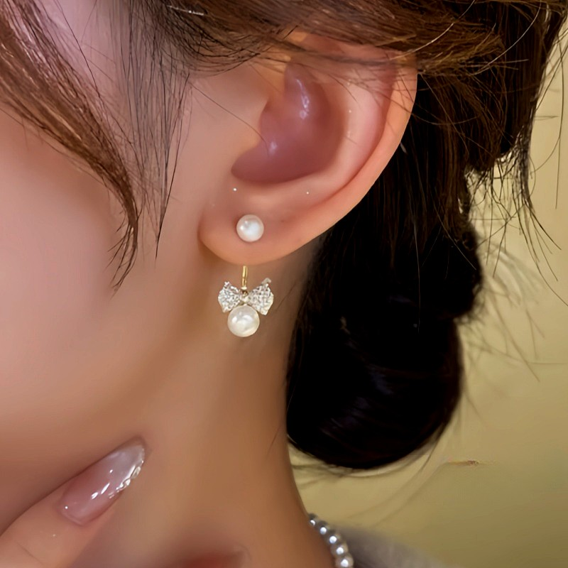 14K Gold-Plated Zircon Bow Bead Jacket Earrings