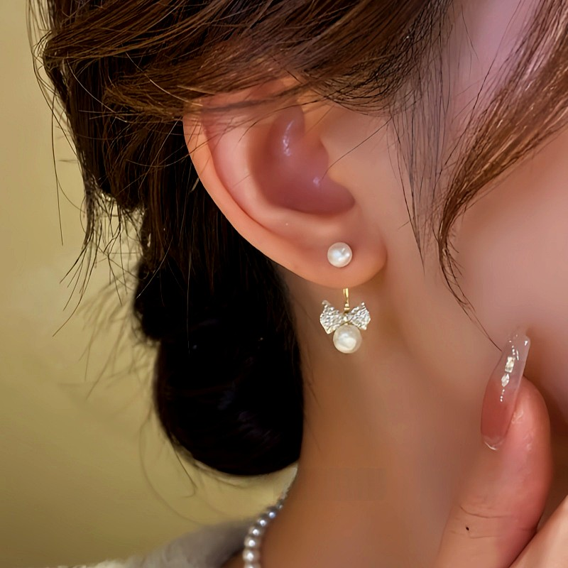 14K Gold-Plated Zircon Bow Bead Jacket Earrings