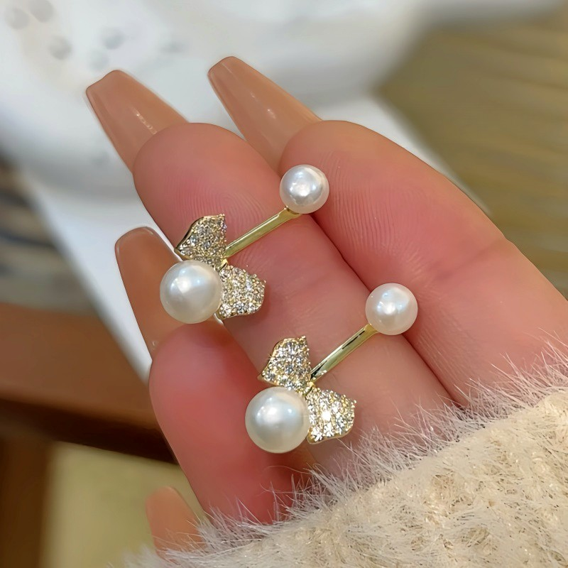 14K Gold-Plated Zircon Bow Bead Jacket Earrings