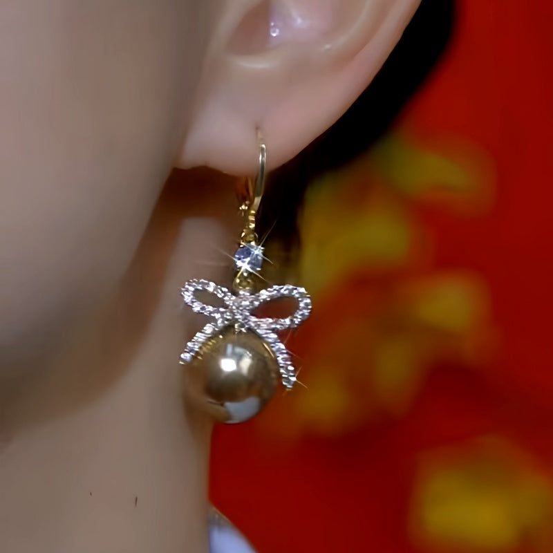 14K Gold-Plated Zircon Bow Brown Pearl Earrings