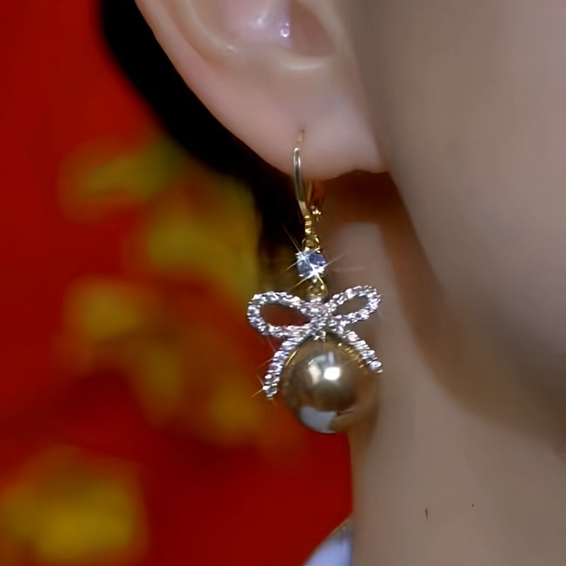 14K Gold-Plated Zircon Bow Brown Pearl Earrings
