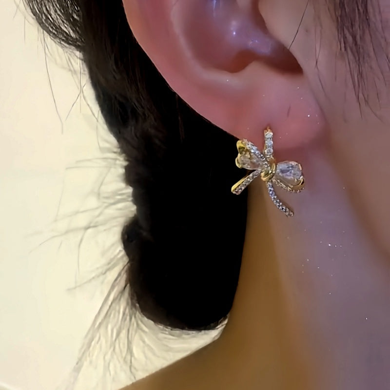 14K Gold-Plated Zircon Bow Earrings