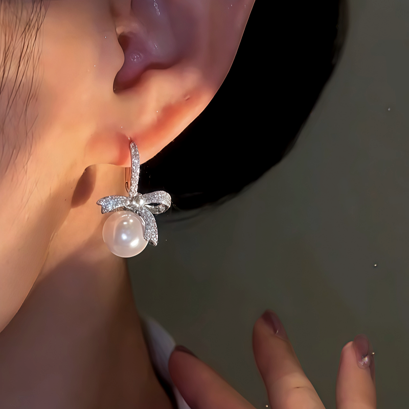 14K Gold-Plated Zircon Bow Pearl Earrings