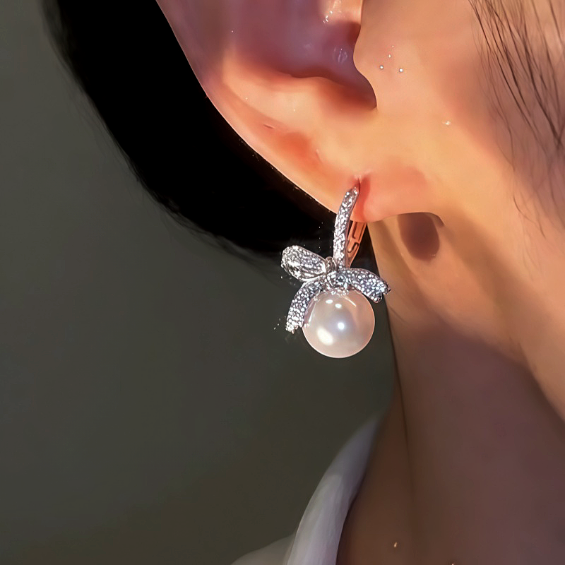 14K Gold-Plated Zircon Bow Pearl Earrings