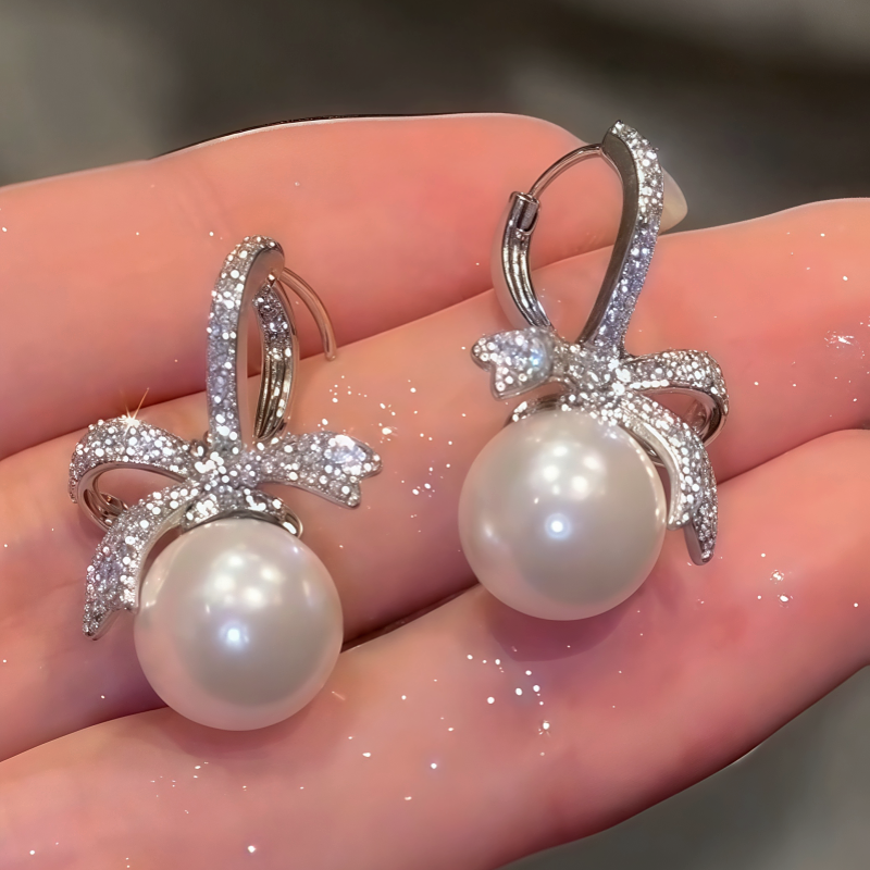 14K Gold-Plated Zircon Bow Pearl Earrings