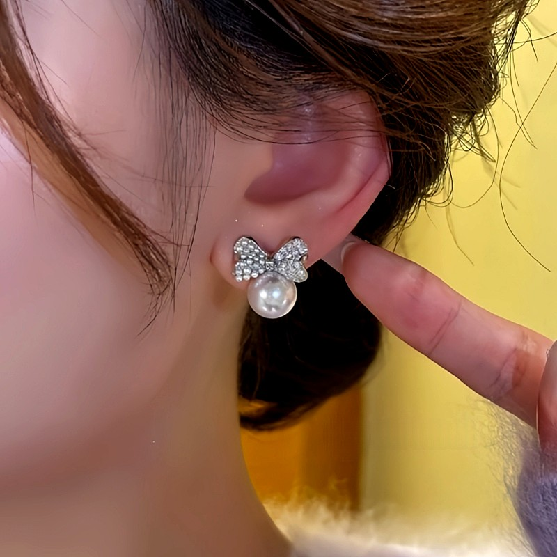 14K Gold-Plated Zircon Bow Pearl Stud Earrings