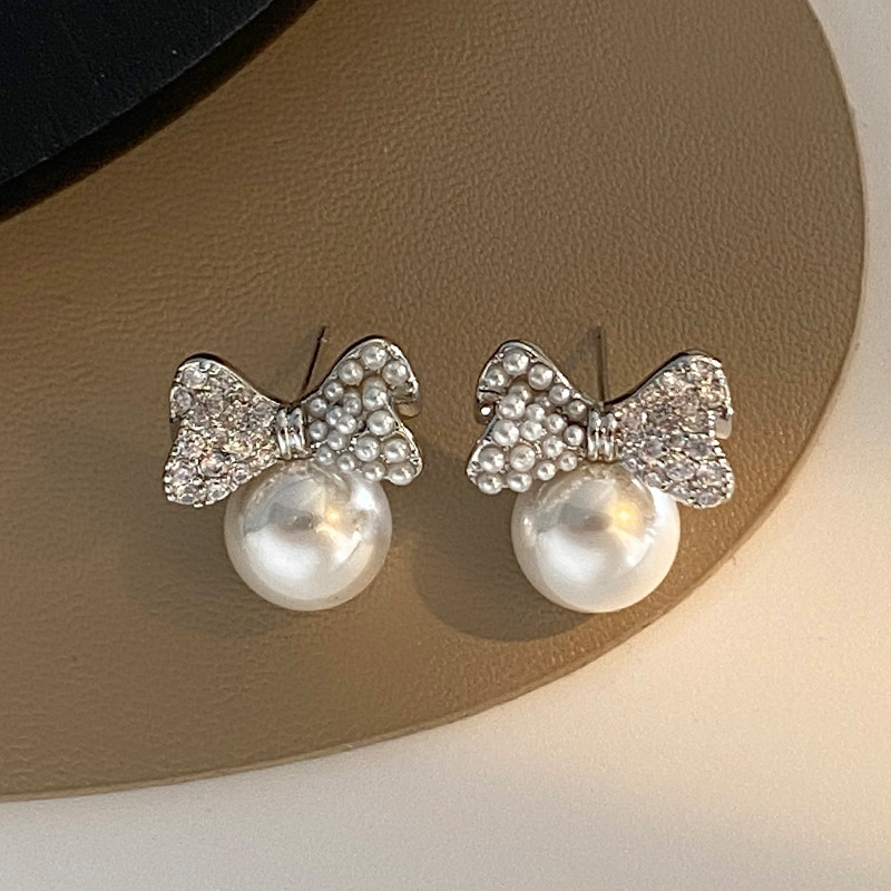 14K Gold-Plated Zircon Bow Pearl Stud Earrings