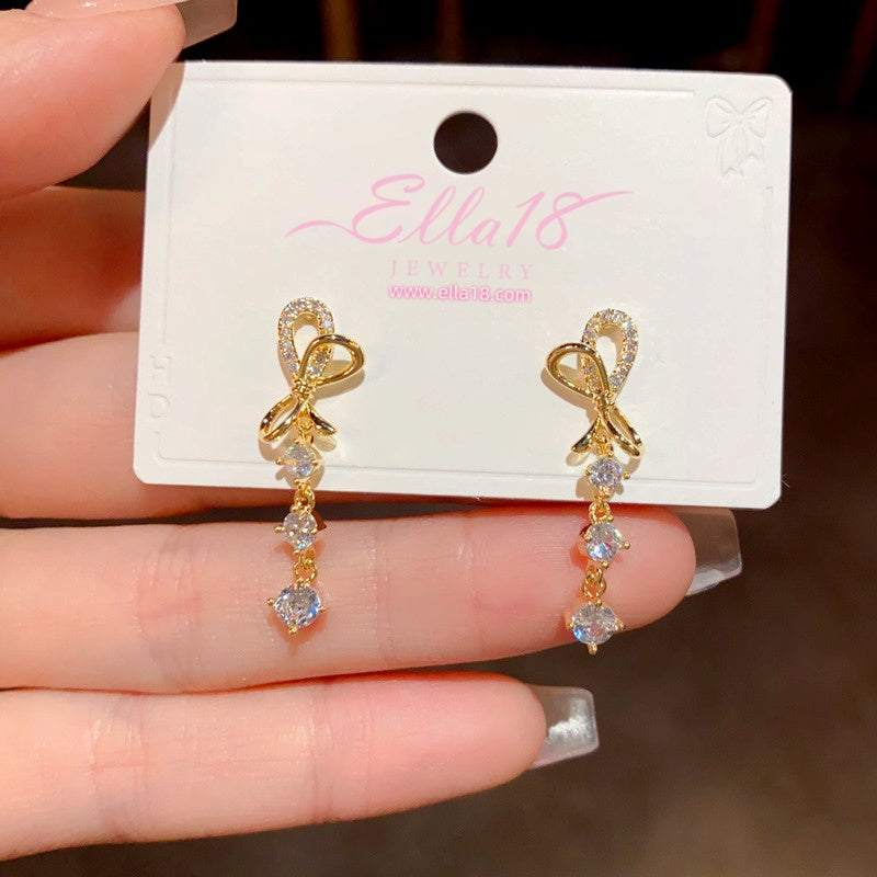 14K Gold-Plated Zircon Bow Tassel Earrings