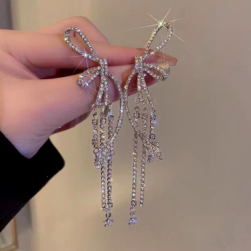 14K Gold-Plated Zircon Bow Tassel Earrings