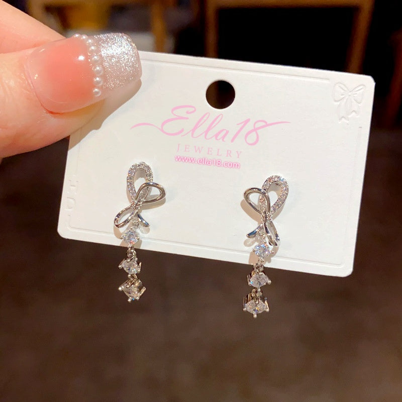 14K Gold-Plated Zircon Bow Tassel Earrings