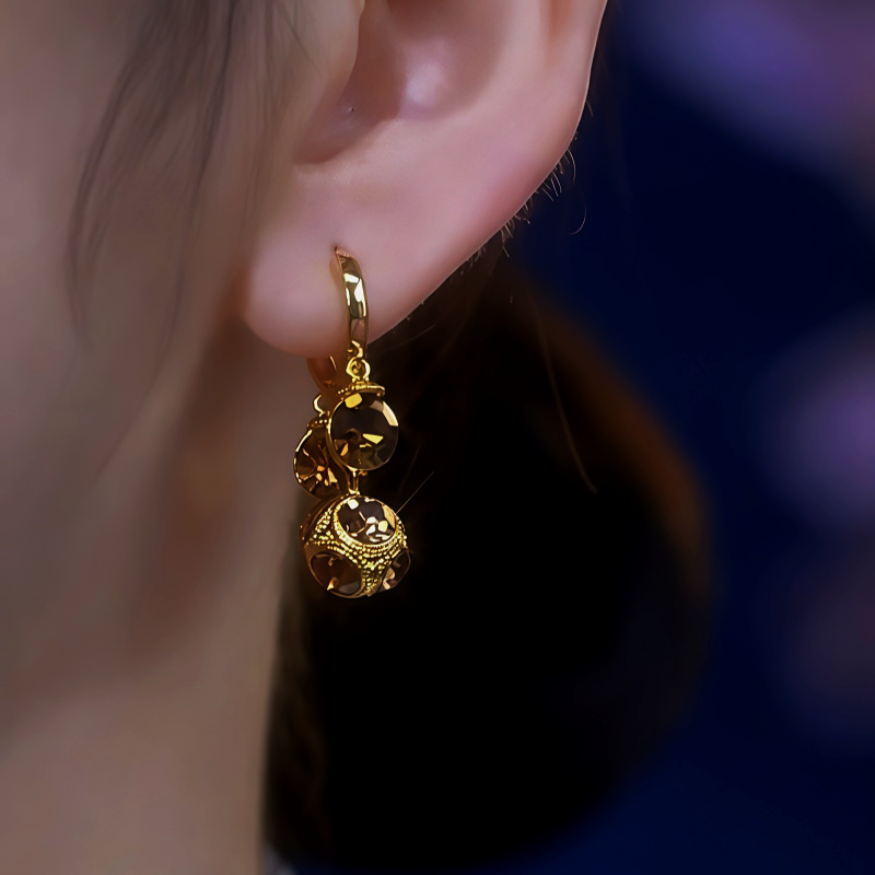14K Gold-Plated Zircon Brown Diamond Ball Tassel Earrings