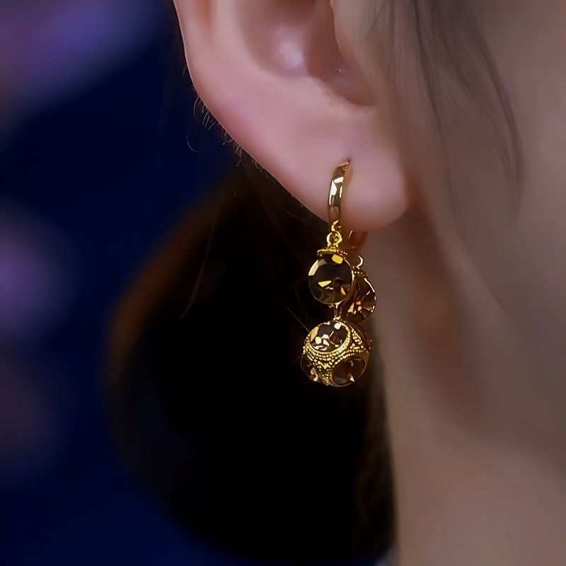 14K Gold-Plated Zircon Brown Diamond Ball Tassel Earrings