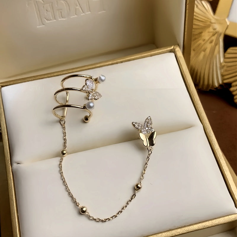 14K Gold-Plated Zircon Butterfly Ear Clip Earrings