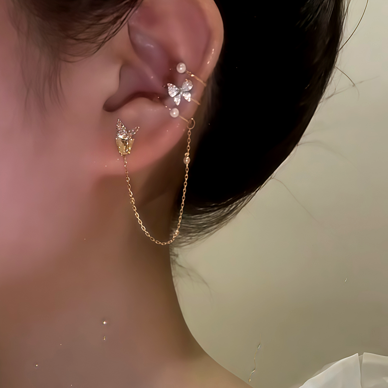 14K Gold-Plated Zircon Butterfly Ear Clip Earrings