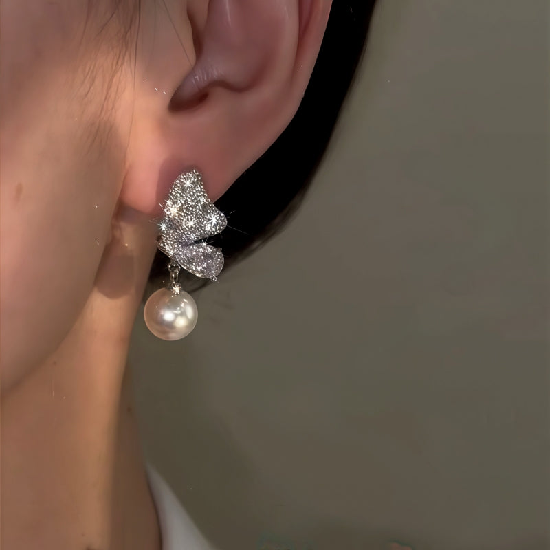 14K Gold-Plated Zircon Butterfly Pearl Earrings