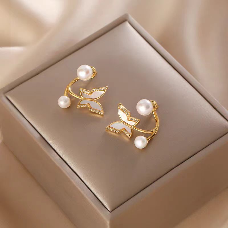 14K Gold-Plated Zircon Butterfly Pearl Earrings