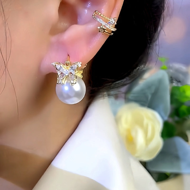14K Gold-Plated Zircon Butterfly Pearl Earrings