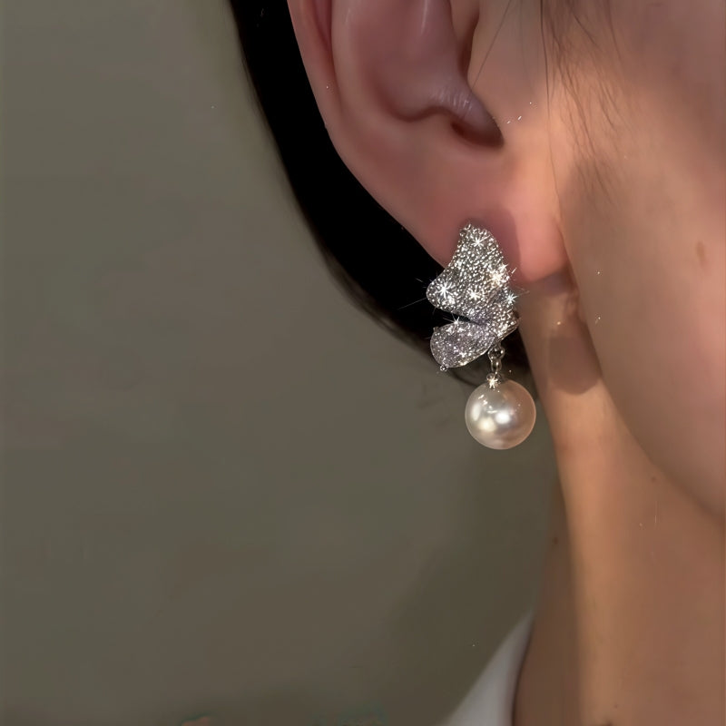14K Gold-Plated Zircon Butterfly Pearl Earrings