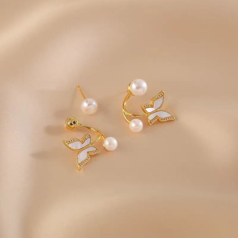 14K Gold-Plated Zircon Butterfly Pearl Earrings