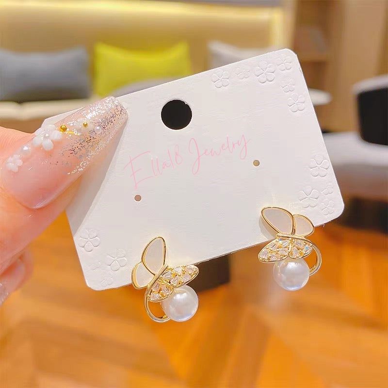 14K Gold-Plated Zircon Butterfly Pearl Studs