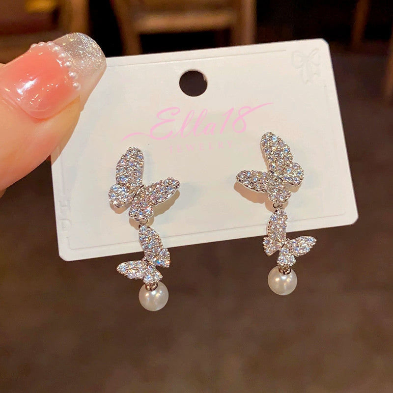 14K Gold-Plated Zircon Butterfly Pearl Tassel Earrings