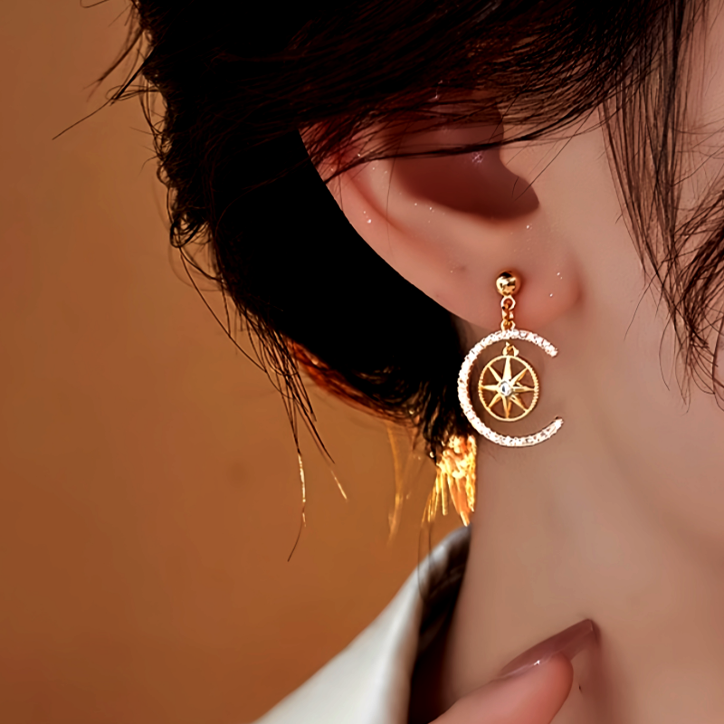 14K Gold-Plated Zircon C-Shaped Star Earrings
