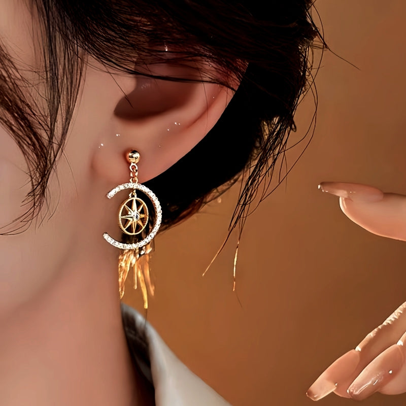 14K Gold-Plated Zircon C-Shaped Star Earrings