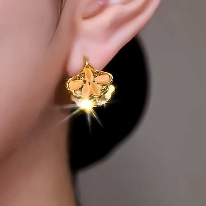 14K Gold-Plated Zircon Cat's Eye Ginkgo Leaf Earrings