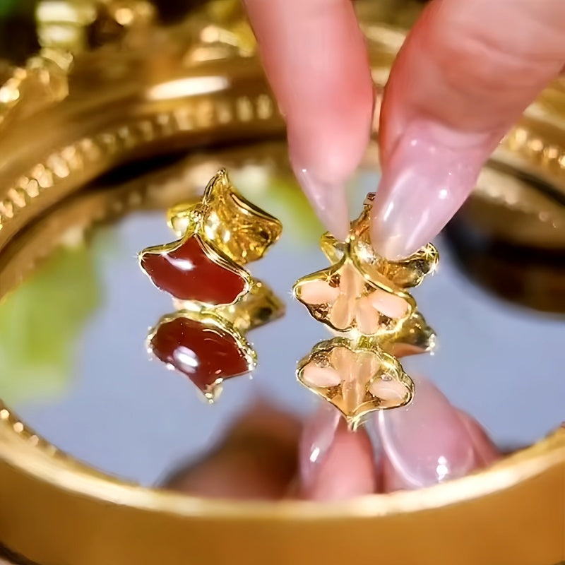 14K Gold-Plated Zircon Cat's Eye Ginkgo Leaf Earrings