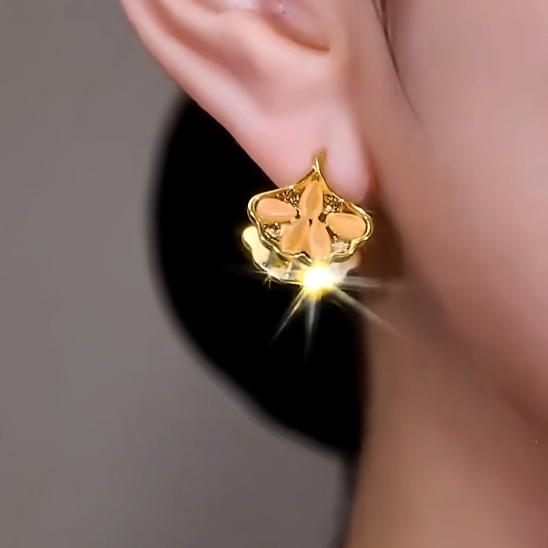 14K Gold-Plated Zircon Cat's Eye Ginkgo Leaf Earrings