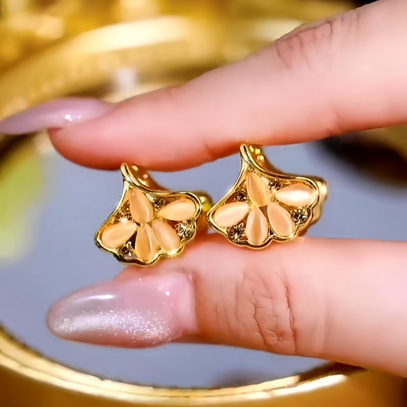 14K Gold-Plated Zircon Cat's Eye Ginkgo Leaf Earrings
