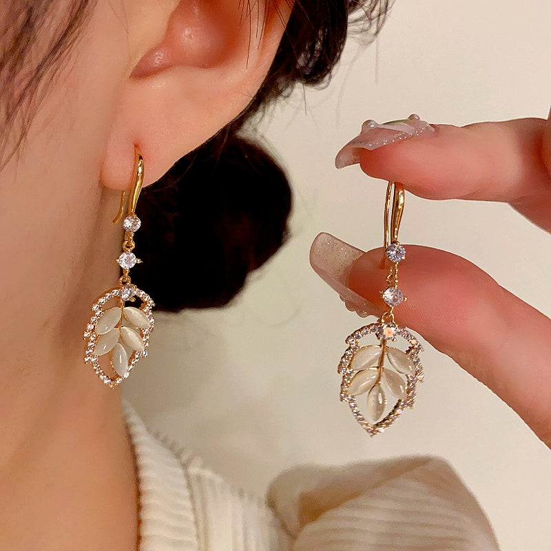 14K Gold-Plated Zircon Cat's Eye Leaf Ear Hook Earrings