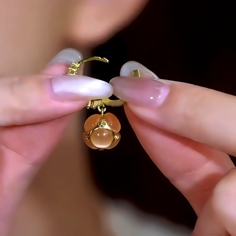 14K Gold-Plated Zircon Cat's Eye Stone Ball Earrings