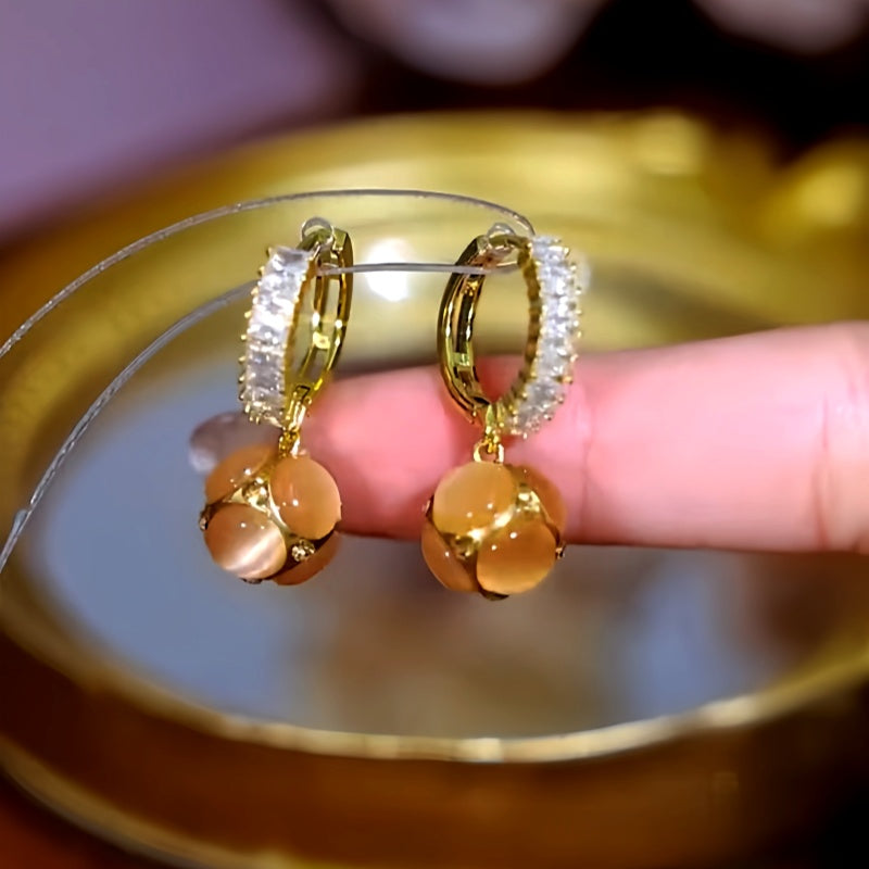 14K Gold-Plated Zircon Cat's Eye Stone Ball Earrings