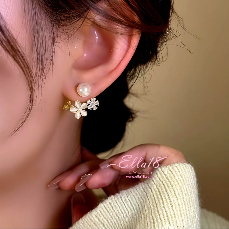 14K Gold-Plated Zircon Cat's Eye Stone Flower Pearl Earrings