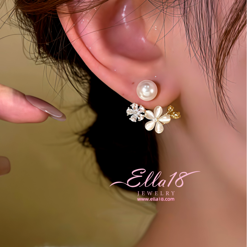 14K Gold-Plated Zircon Cat's Eye Stone Flower Pearl Earrings