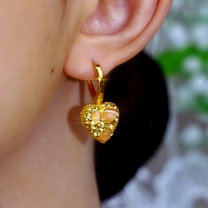 14K Gold-Plated Zircon Cat's Eye Stone Heart Earrings