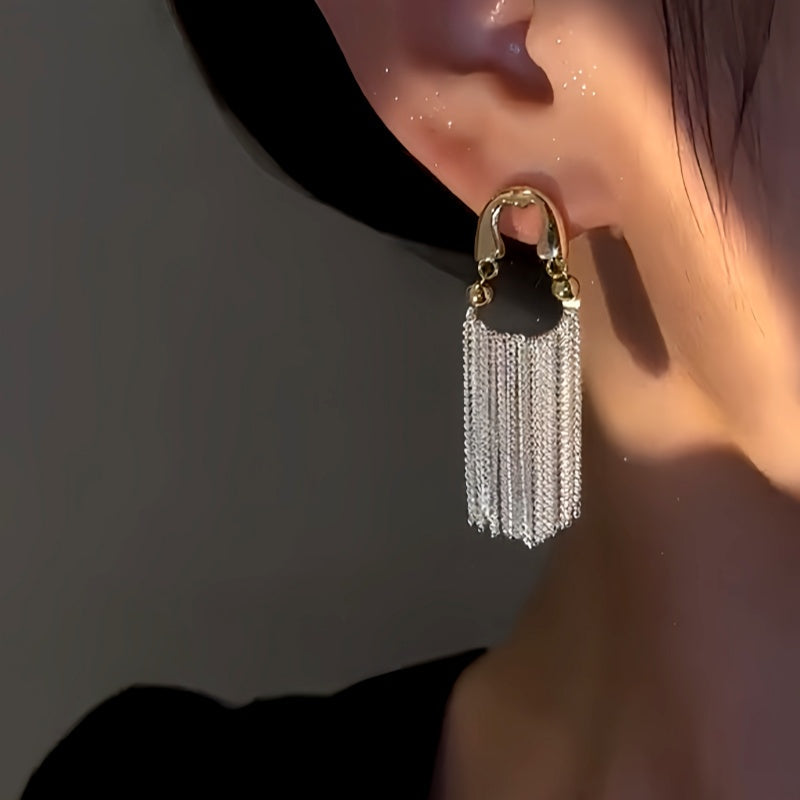 14K Gold-Plated Zircon Chain Tassel Earrings