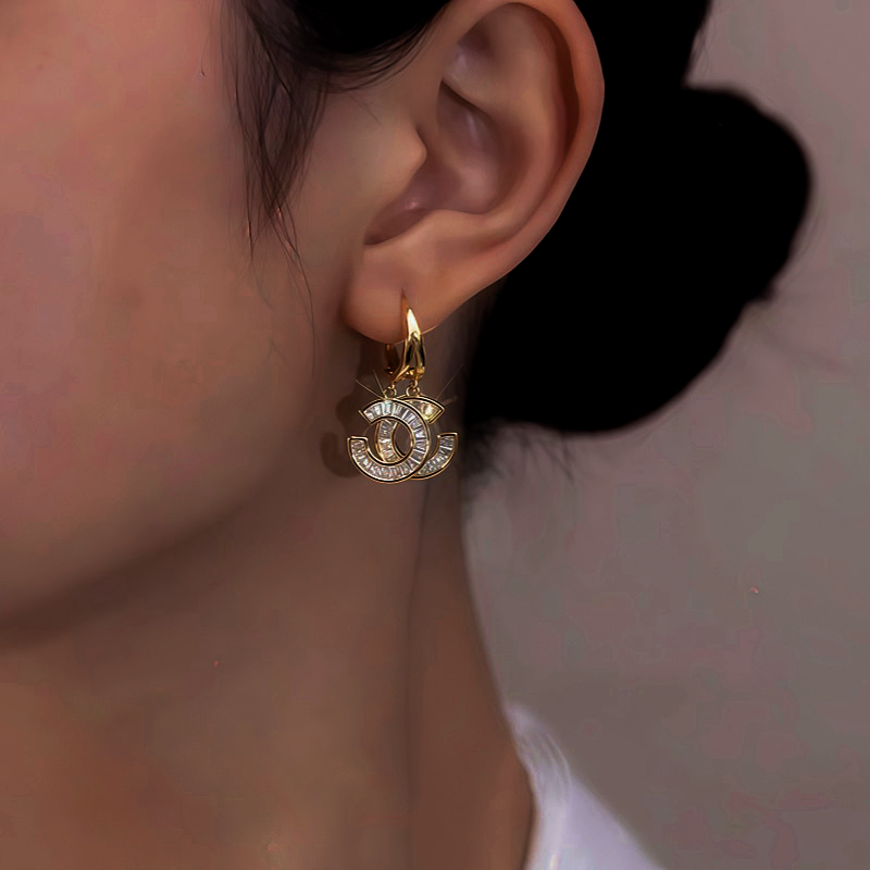 14K Gold-Plated Zircon Chanel Style Double C Earrings