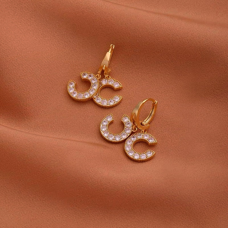 14K Gold-Plated Zircon Chanel Style Double C Earrings