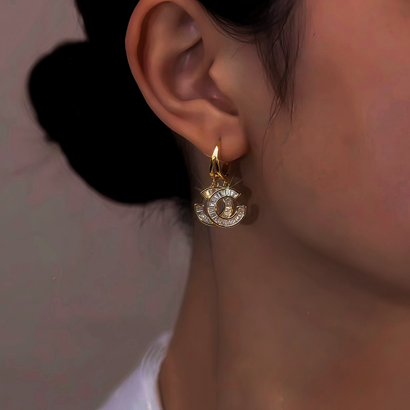 14K Gold-Plated Zircon Chanel Style Double C Earrings