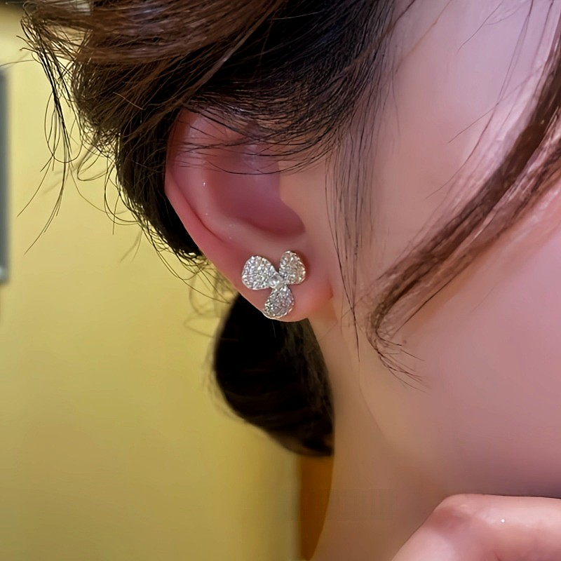 14K Gold-Plated Zircon Clover Flower Stud Earrings